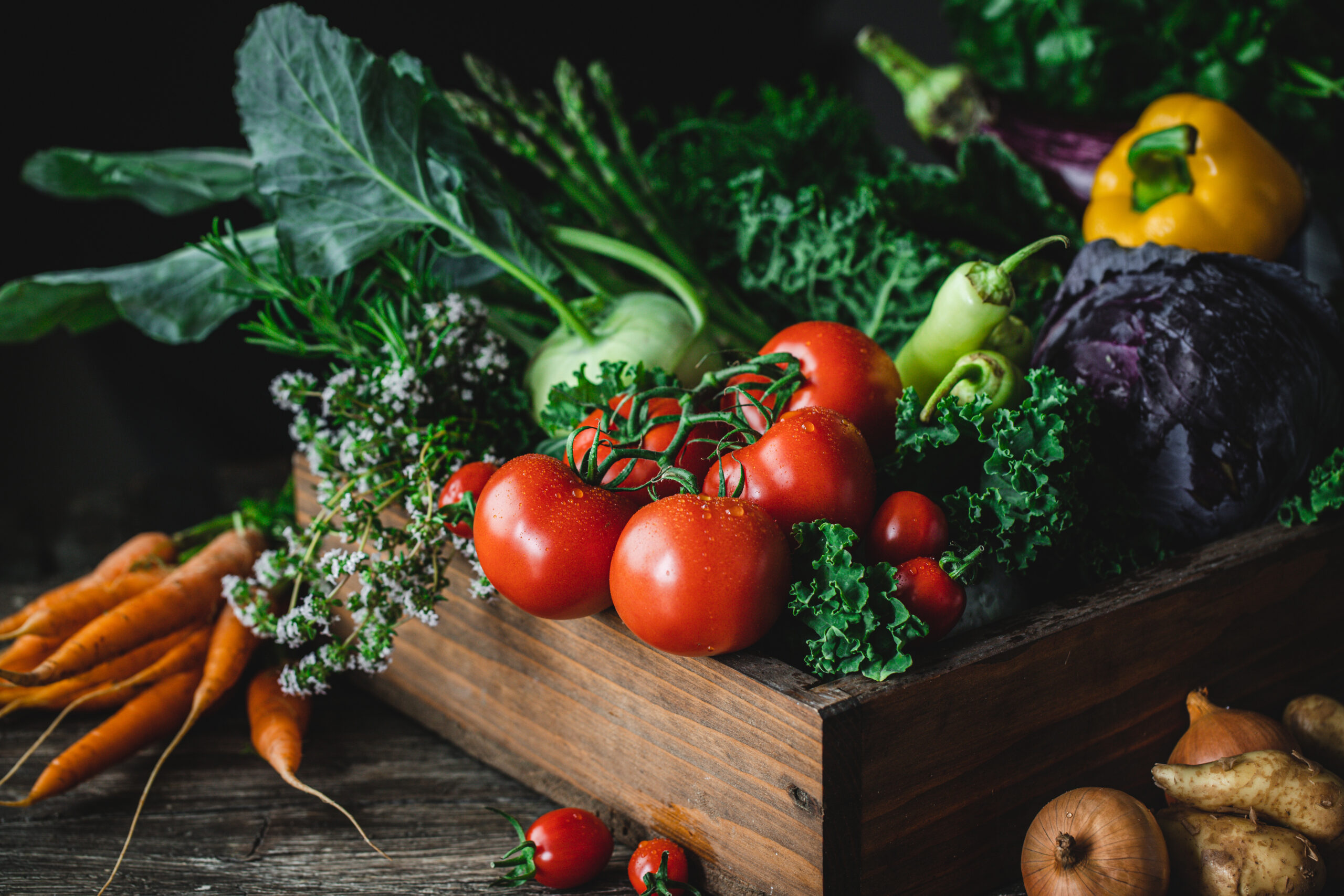 Wooden box full of homegrown produce